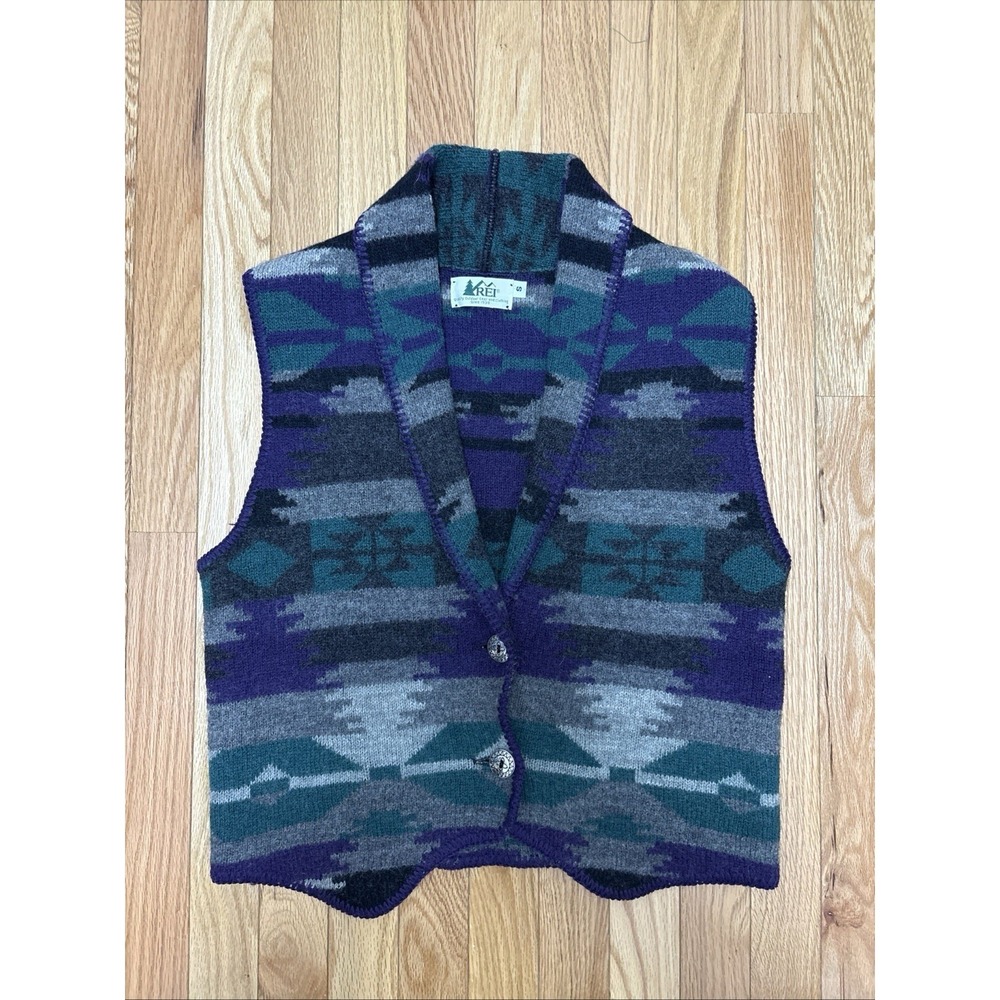 REI Women's Wool Sweater Vest-Aztec Southwestern Pattern-Purple Green Gray Small
